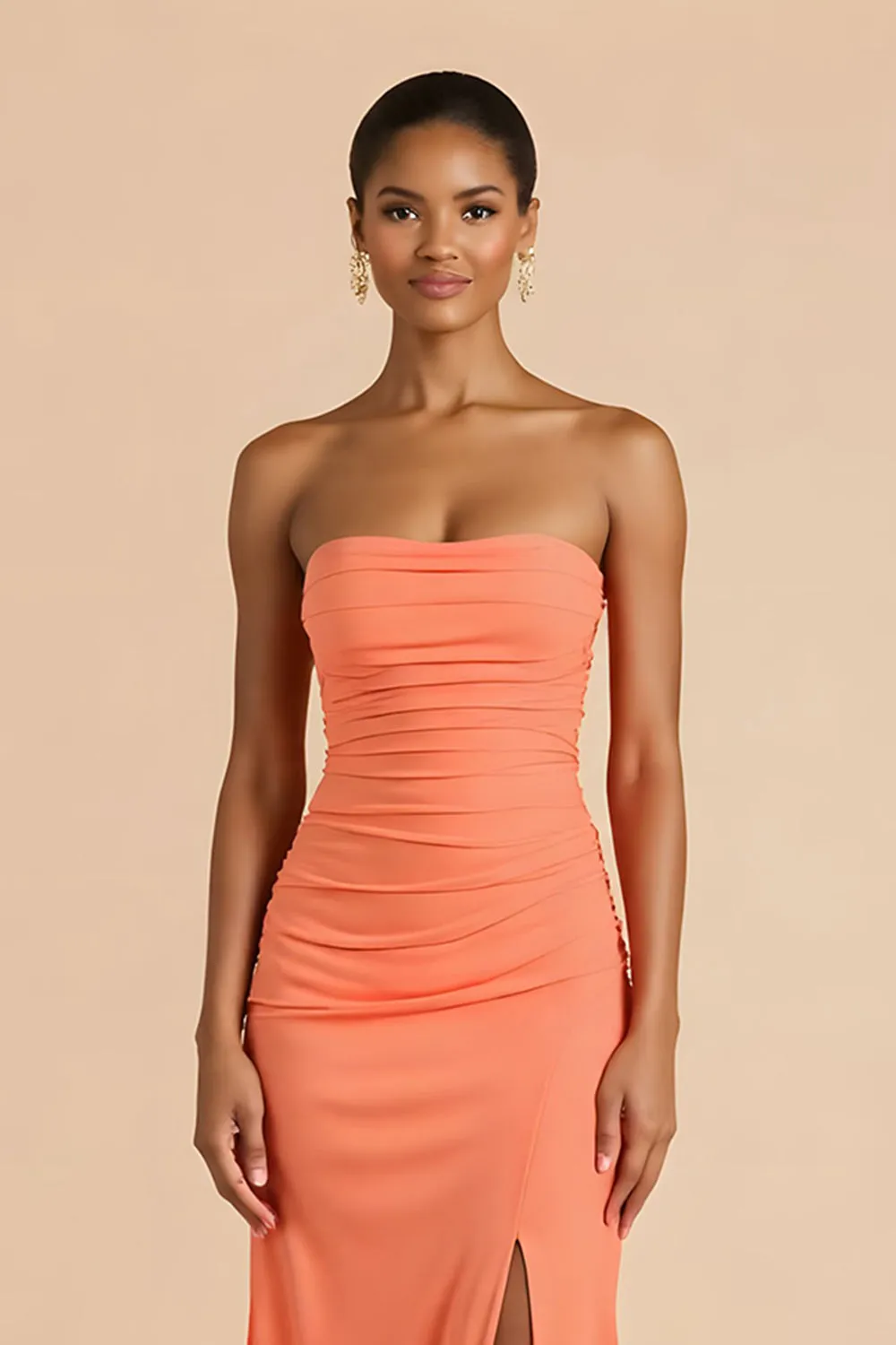 Orange Strapless Ruched Sheath Long Bridesmaid Dress with Slit sold by Zapaka product image thumbnail 3