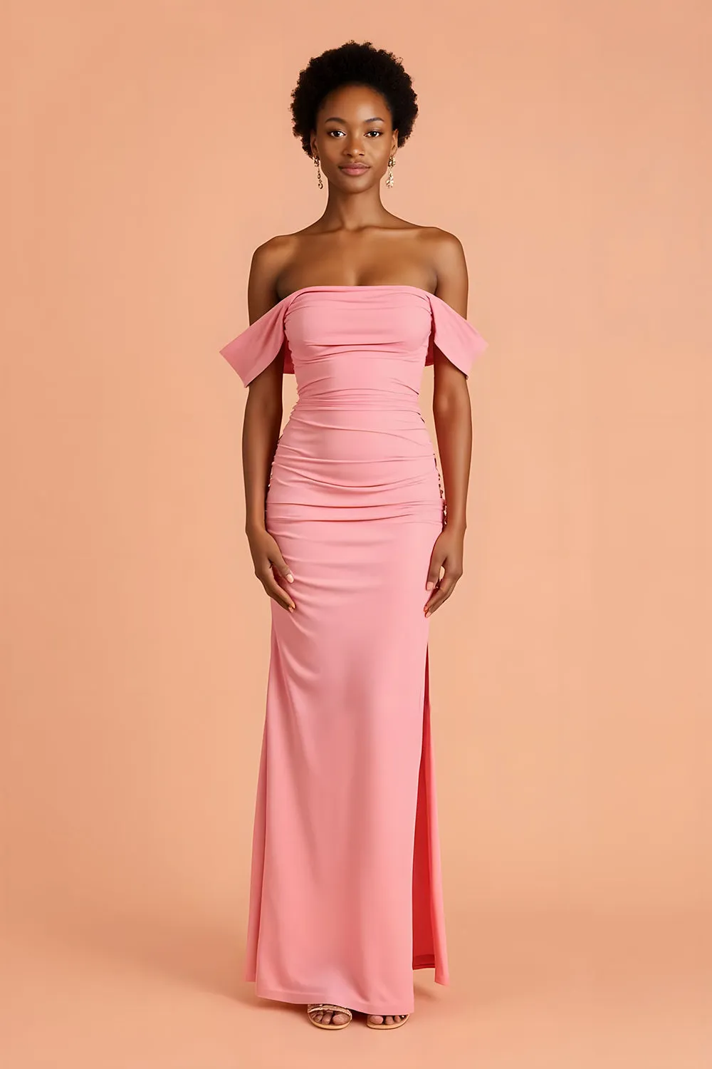 Pink Sheath Off the Shoulder Long Bridesmaid Dress with Slit sold by Zapaka