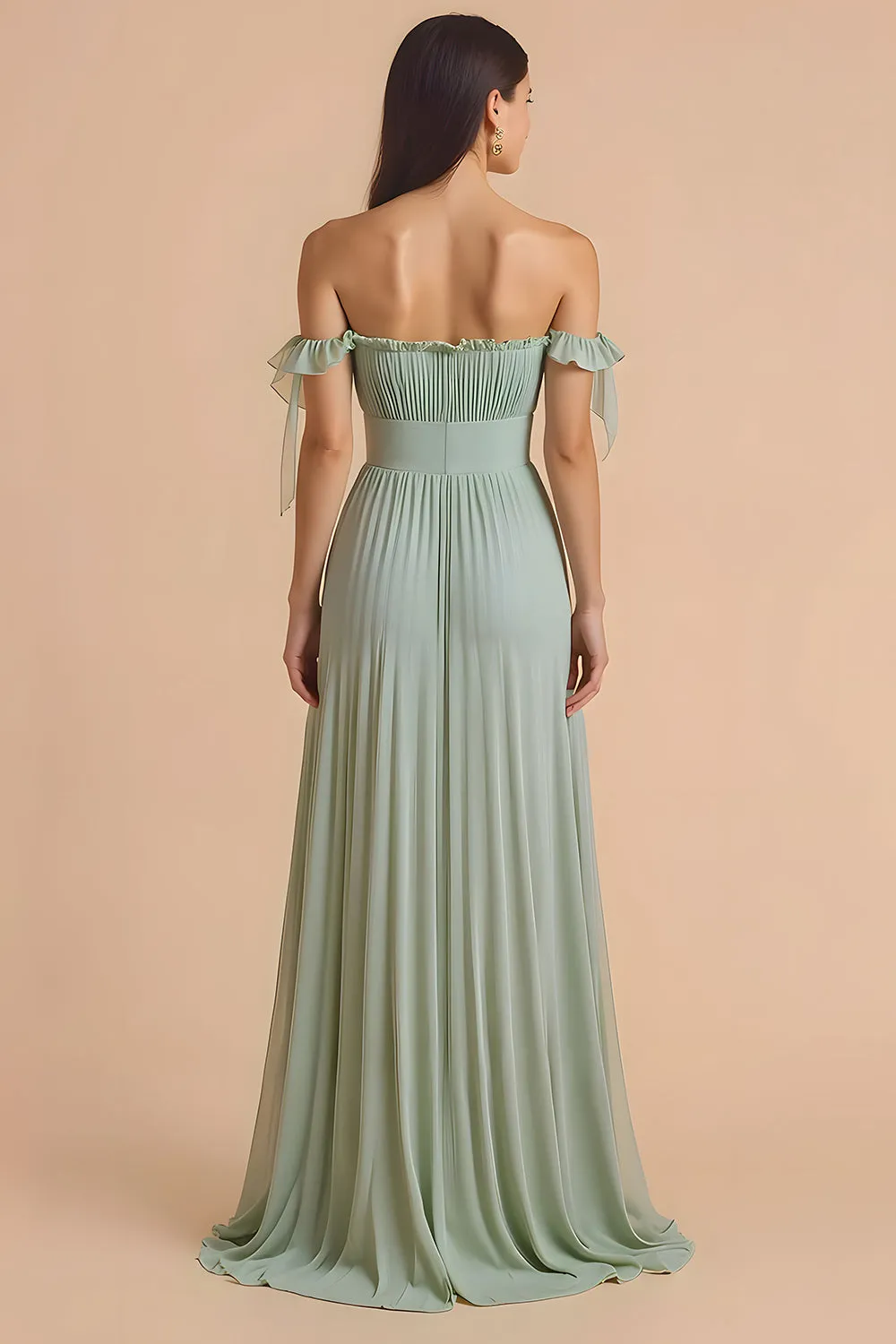 Sage Green Off the Shoulder Chiffon Pleated A-Line Long Bridesmaid Dress sold by Zapaka product image thumbnail 2