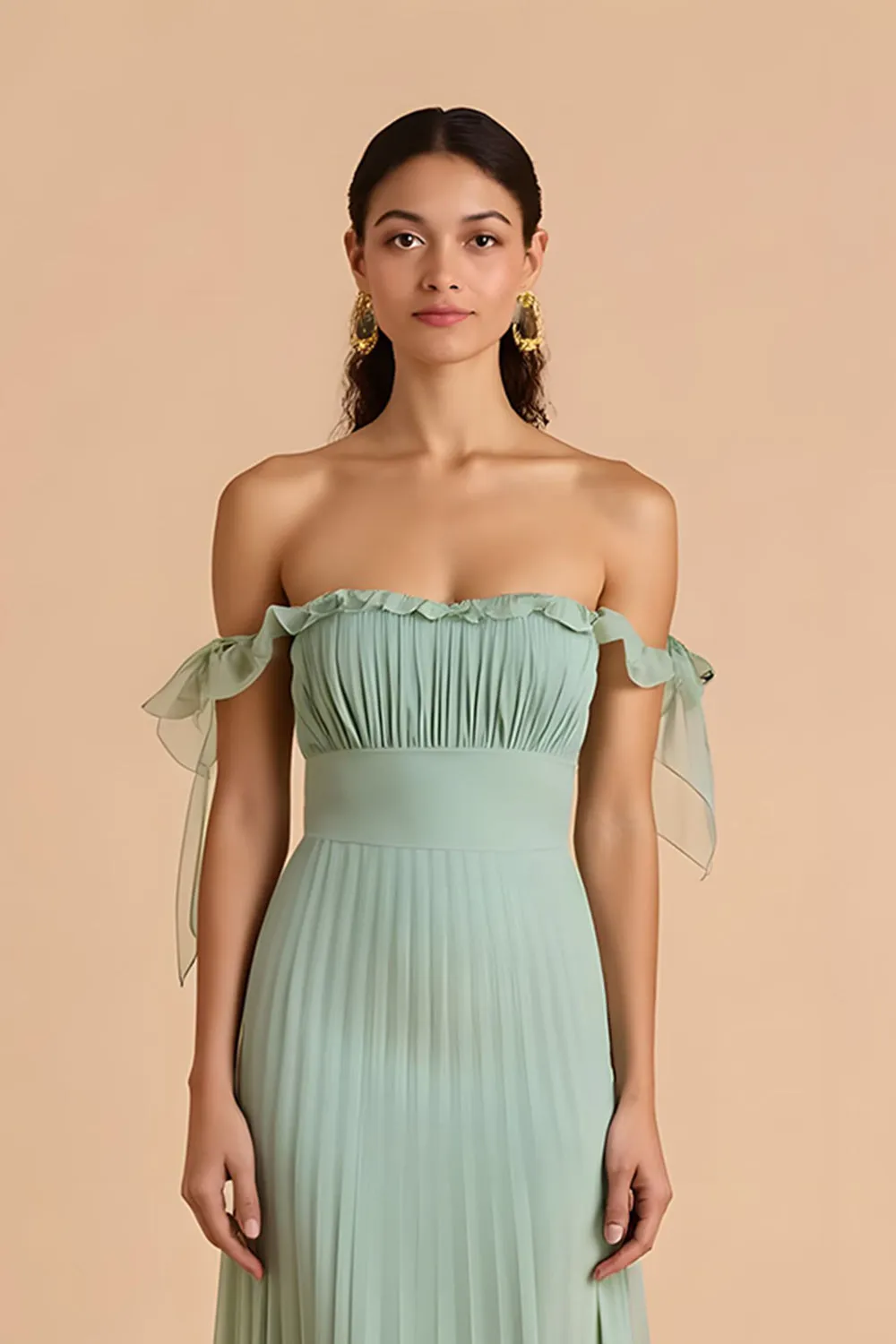 Sage Green Off the Shoulder Chiffon Pleated A-Line Long Bridesmaid Dress sold by Zapaka product image thumbnail 3