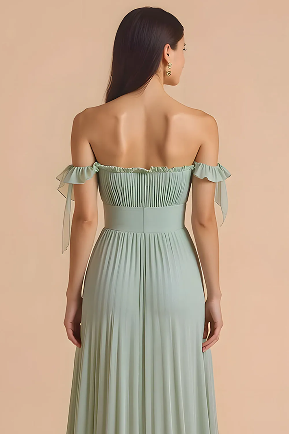 Sage Green Off the Shoulder Chiffon Pleated A-Line Long Bridesmaid Dress sold by Zapaka product image thumbnail 4
