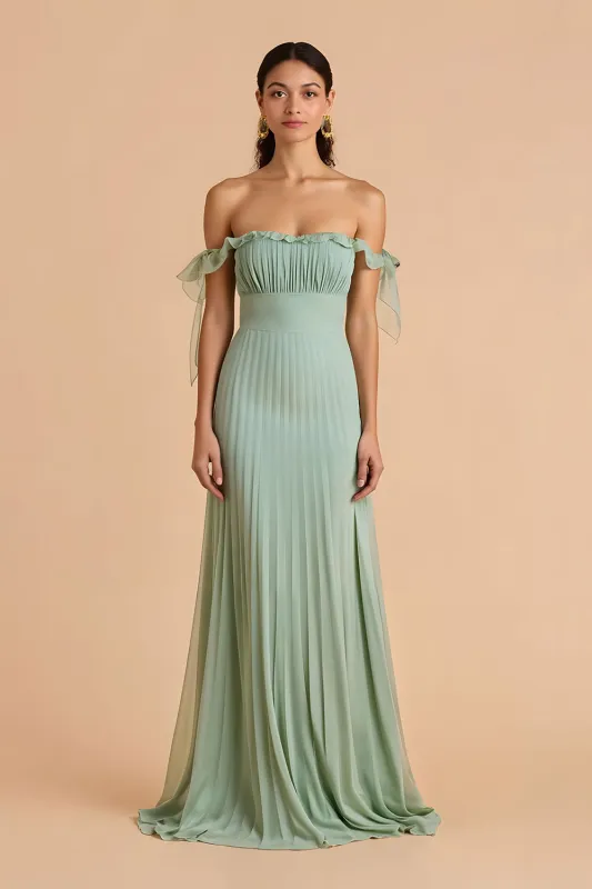 Sage Green Off the Shoulder Chiffon Pleated A-Line Long Bridesmaid Dress sold by Zapaka