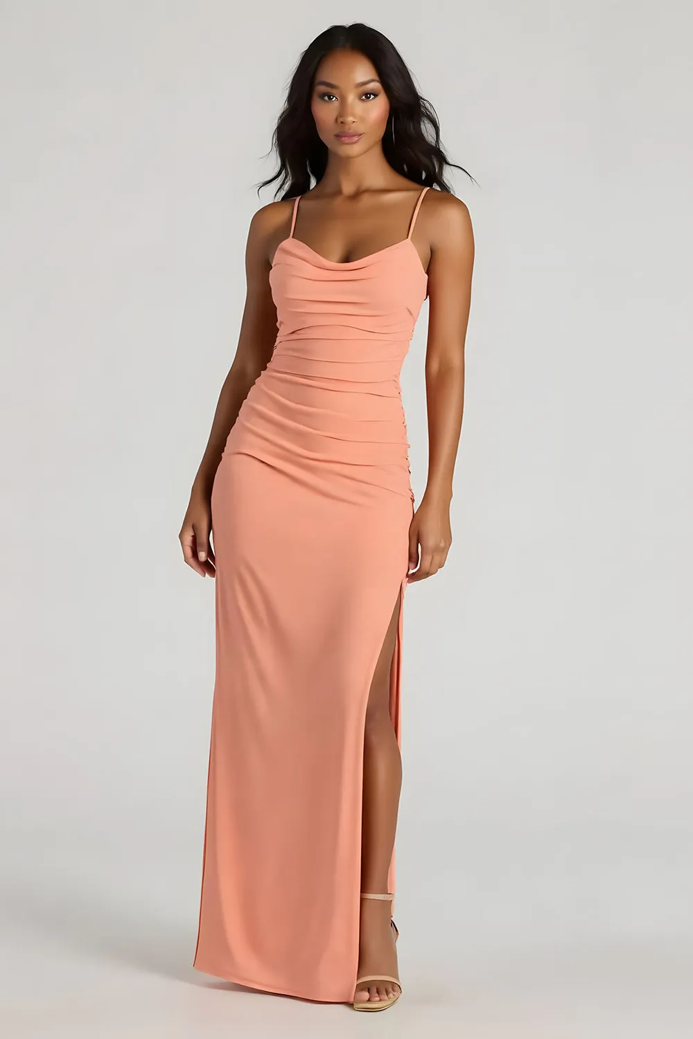 Sunset Spaghetti Straps Ruched Sheath Long Bridesmaid Dress with Slit sold by Zapaka