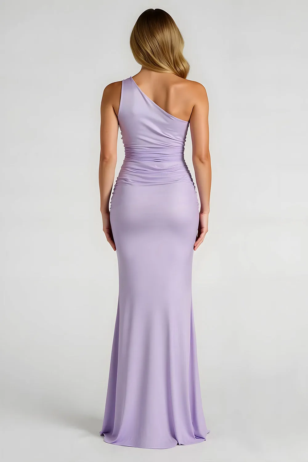 Lilac One Shoulder Satin Mermaid Long Bridesmaid Dress sold by Zapaka product image thumbnail 2