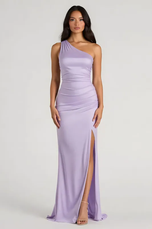 Lilac One Shoulder Satin Mermaid Long Bridesmaid Dress sold by Zapaka