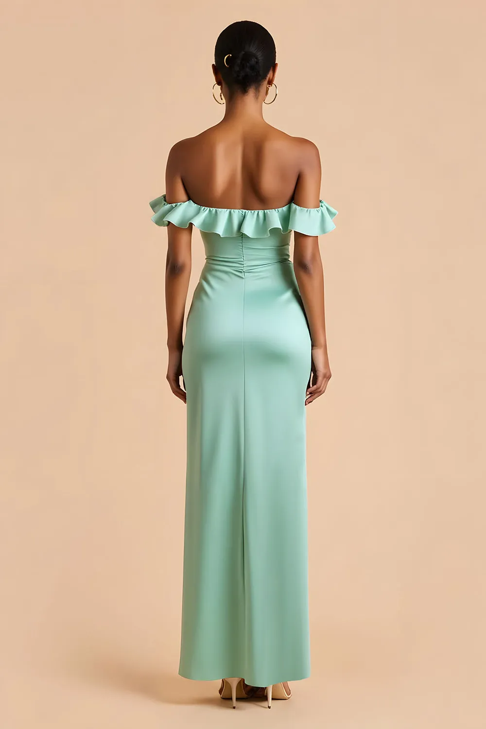 Mint Green Off the Shoulder Satin Sheath Long Bridesmaid Dress sold by Zapaka product image thumbnail 2