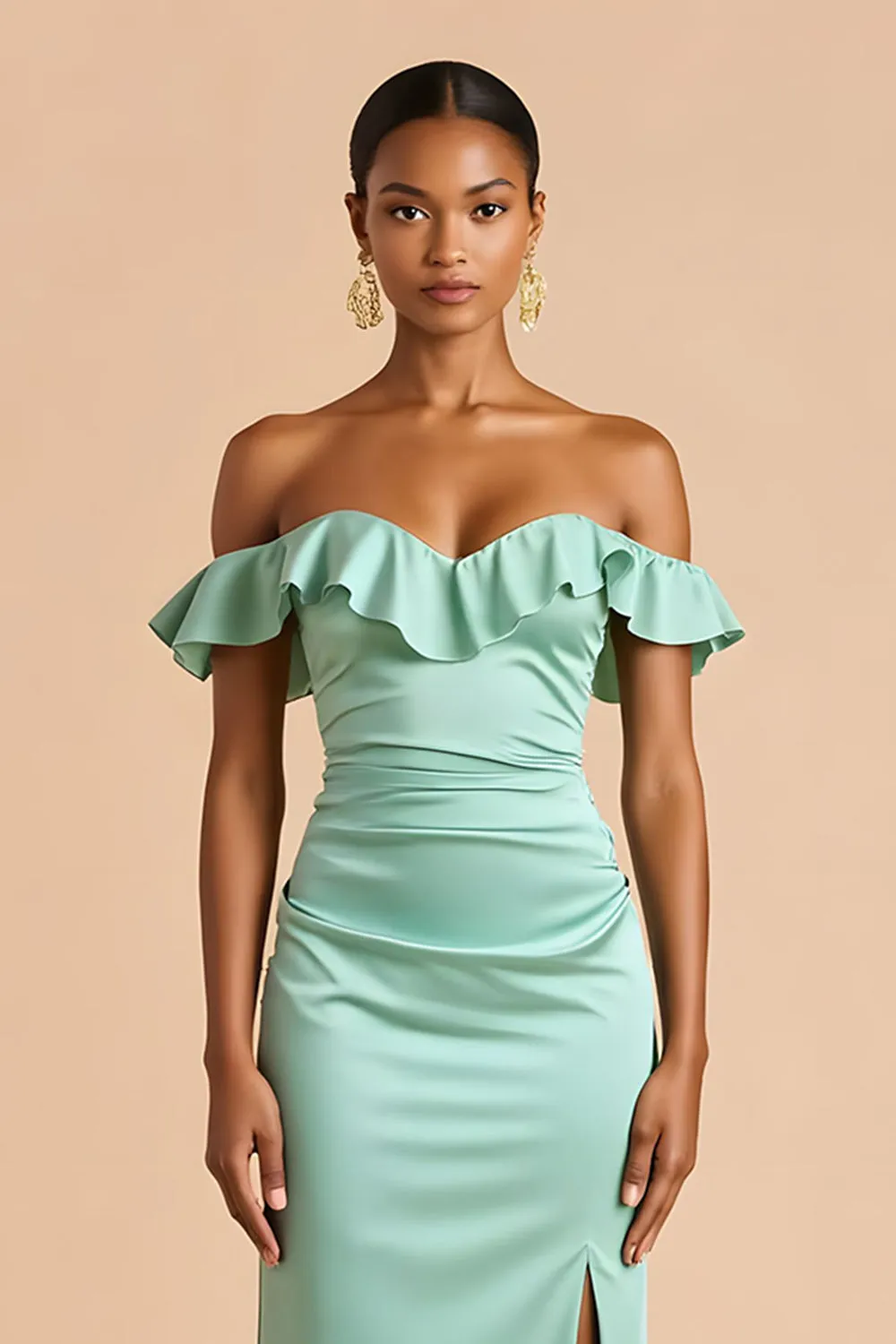 Mint Green Off the Shoulder Satin Sheath Long Bridesmaid Dress sold by Zapaka product image thumbnail 3