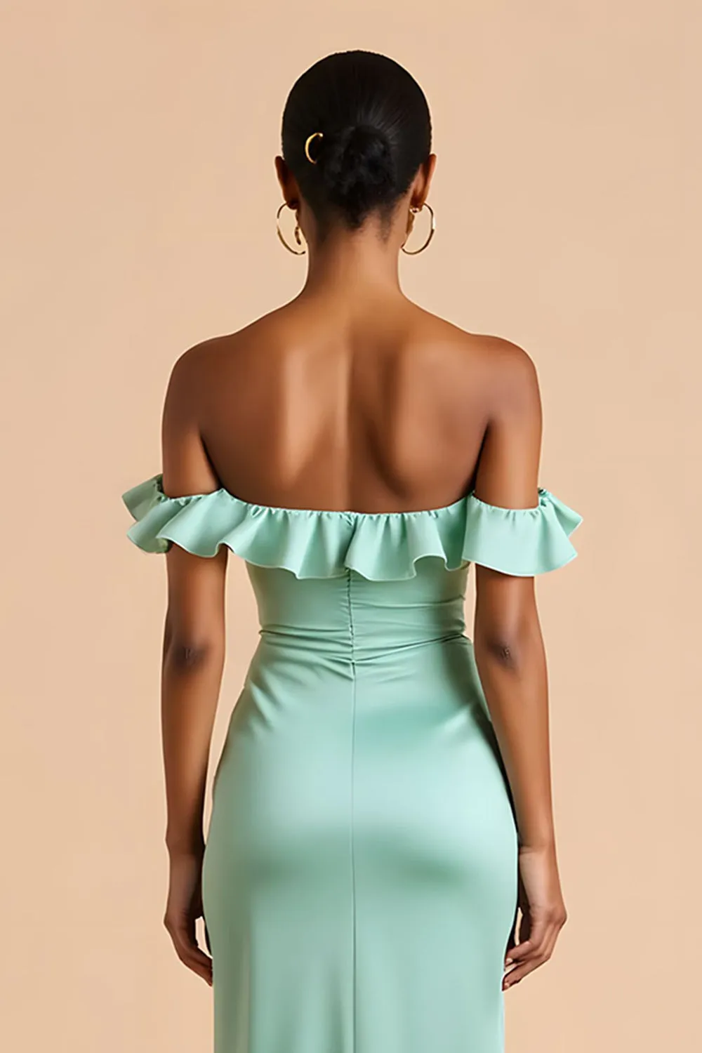 Mint Green Off the Shoulder Satin Sheath Long Bridesmaid Dress sold by Zapaka product image thumbnail 4