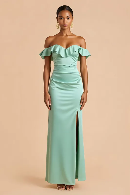 Mint Green Off the Shoulder Satin Sheath Long Bridesmaid Dress sold by Zapaka