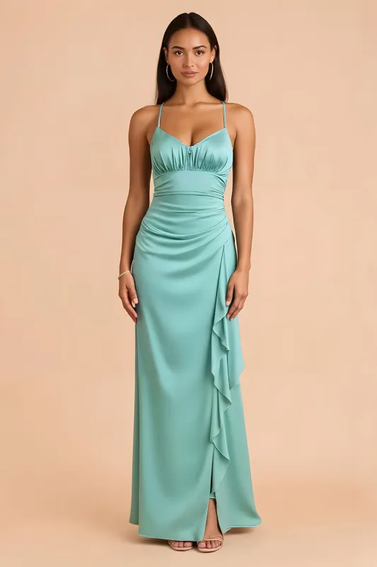 Mint Green Satin Spaghetti Straps Sheath Long Bridesmaid Dress sold by Zapaka