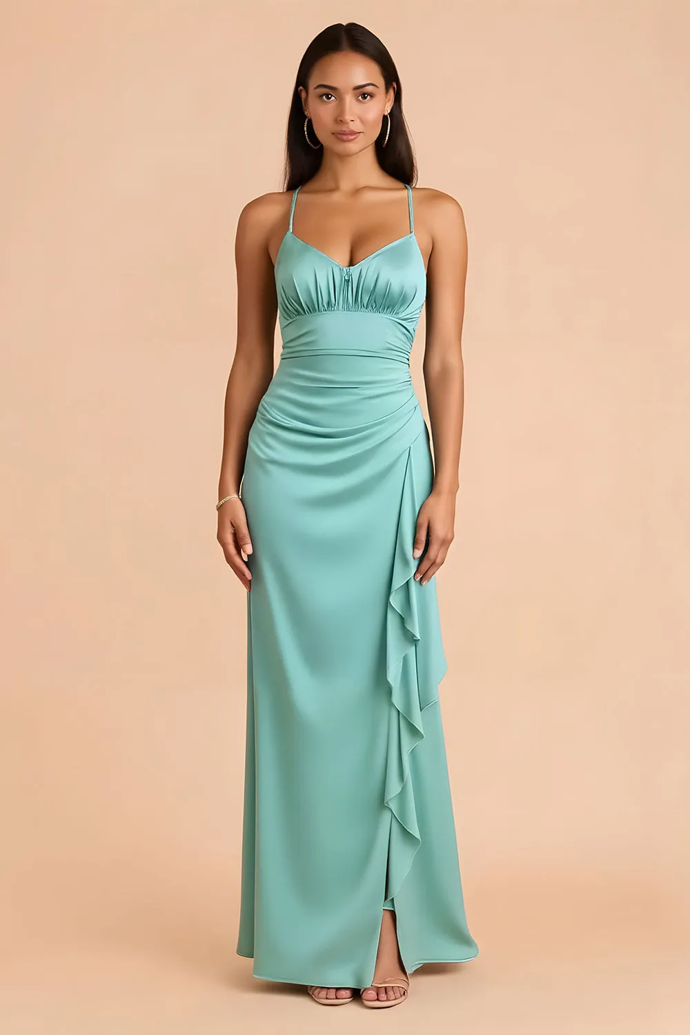 Mint Green Satin Spaghetti Straps Sheath Long Bridesmaid Dress sold by Zapaka