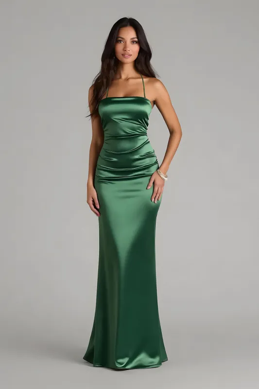Dark Green Spaghetti Straps Satin Mermaid Long Bridesmaid Dress sold by Zapaka