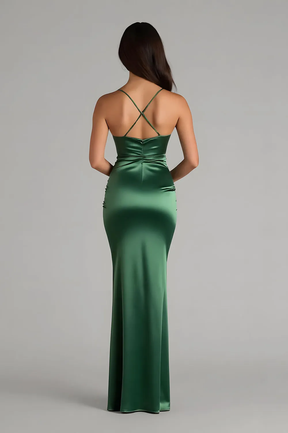 Dark Green Spaghetti Straps Satin Mermaid Long Bridesmaid Dress sold by Zapaka product image thumbnail 2