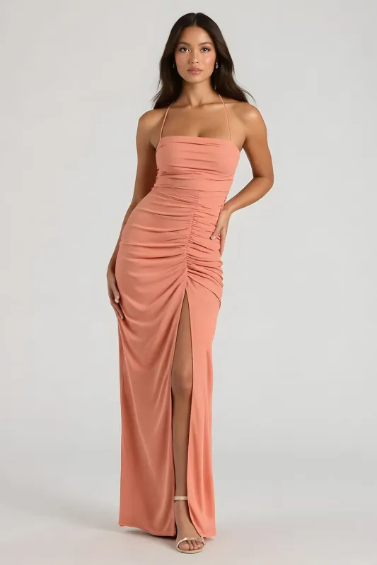 Sunset Spaghetti Straps Sheath Ruched Long Bridesmaid Dress sold by Zapaka