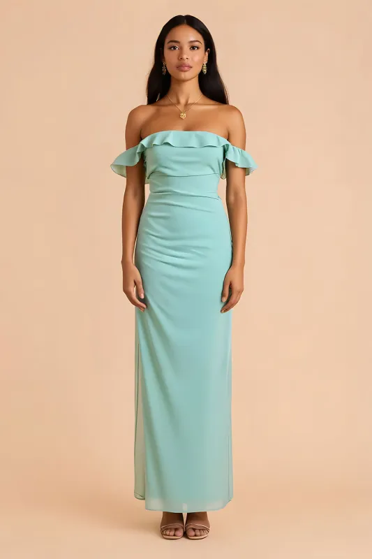 Mint Green Off the Shoulder Sheath Long Bridesmaid Dress sold by Zapaka