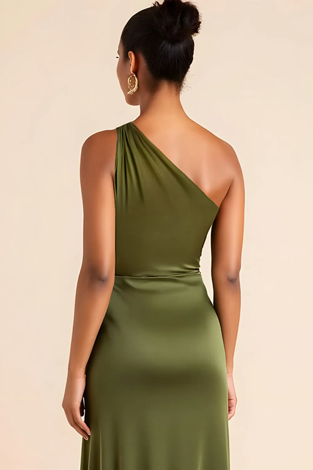 Olive One Shoulder Satin Tea Length Bridesmaid Dress sold by Zapaka product image thumbnail 4
