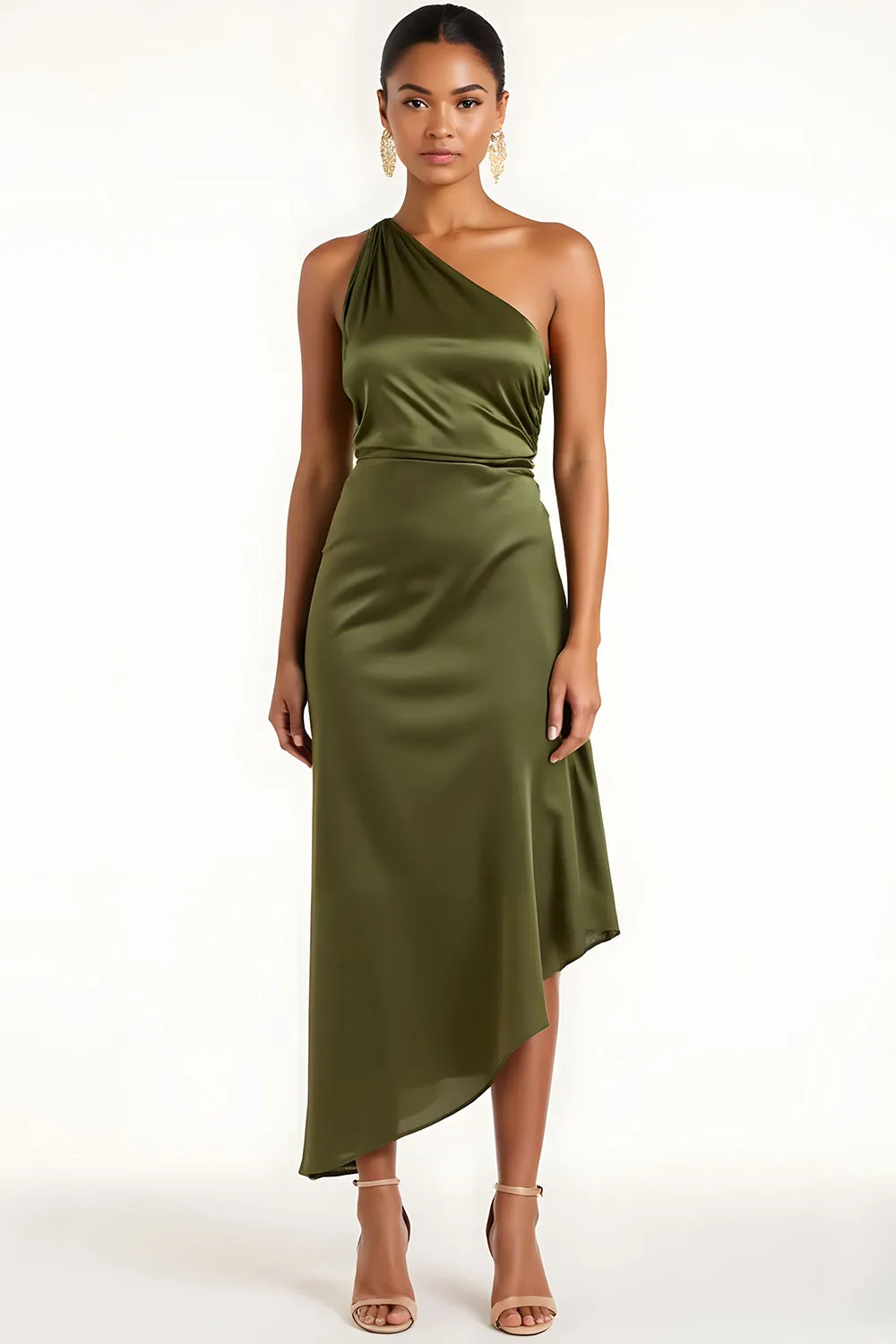 Olive One Shoulder Satin Tea Length Bridesmaid Dress sold by Zapaka