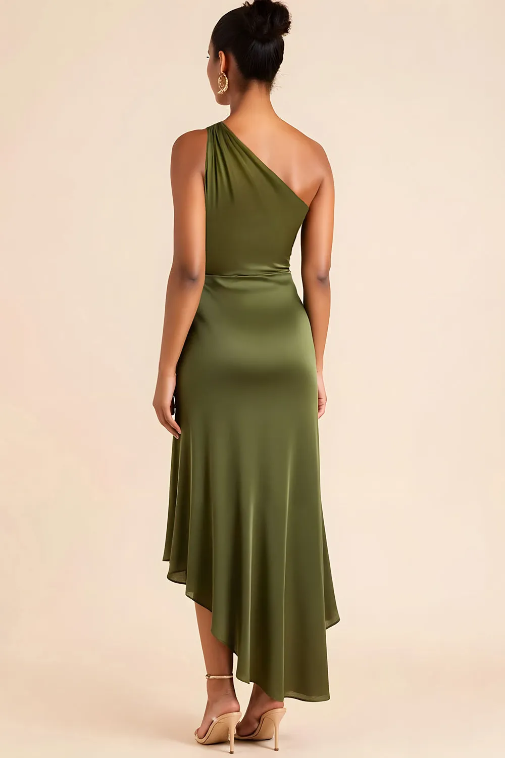 Olive One Shoulder Satin Tea Length Bridesmaid Dress sold by Zapaka product image thumbnail 2