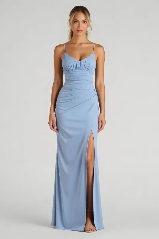 Light Blue Spaghetti Straps Satin Ruched Sheath Long Bridesmaid Dress sold by Zapaka
