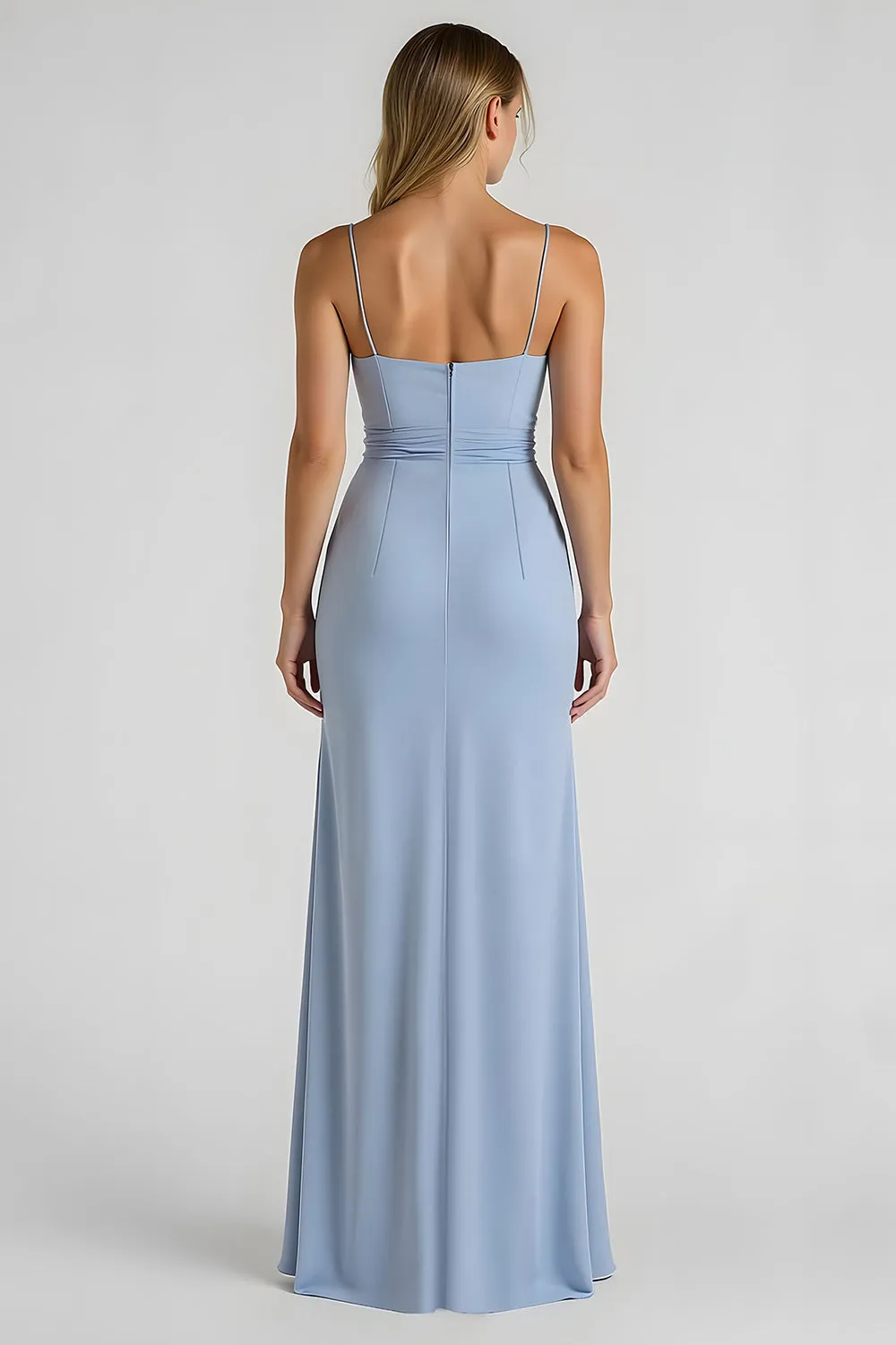 Light Blue Spaghetti Straps Satin Ruched Sheath Long Bridesmaid Dress sold by Zapaka product image thumbnail 2
