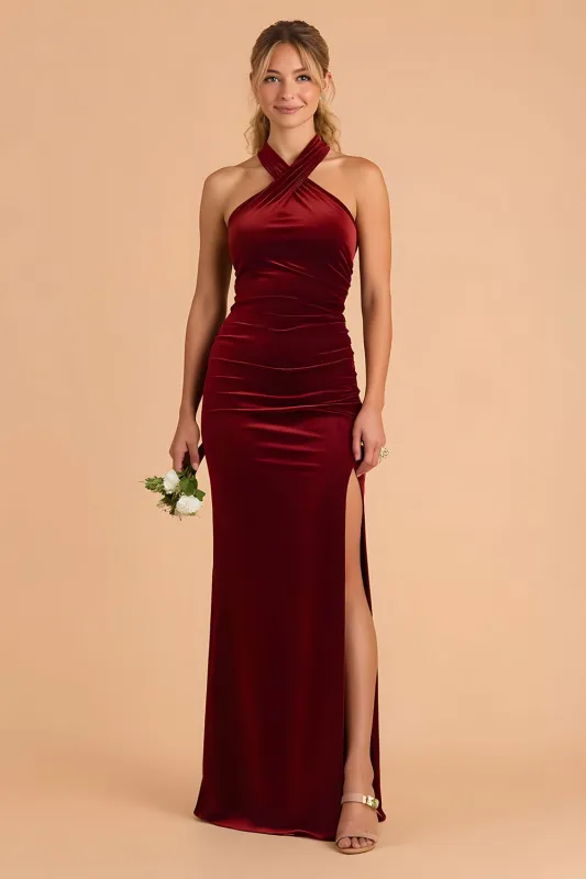 Burgundy High Neck Sheath Velvet Long Bridesmaid Dress sold by Zapaka