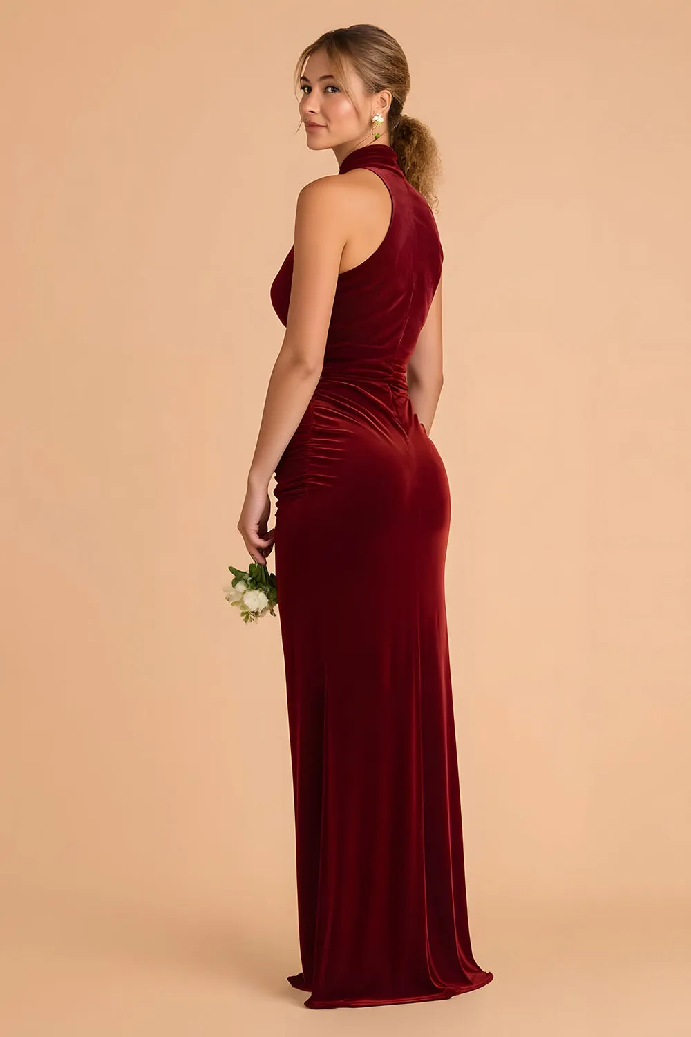 Burgundy High Neck Sheath Velvet Long Bridesmaid Dress sold by Zapaka product image thumbnail 2