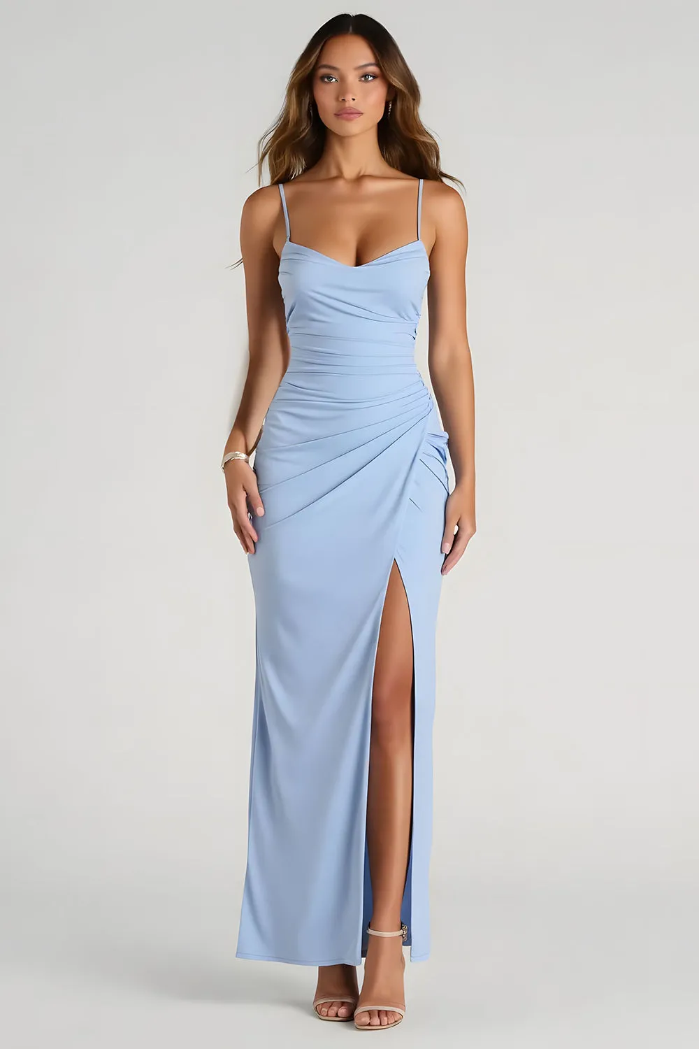 Light Blue Spaghetti Straps Sheath Ruched Long Bridesmaid Dress sold by Zapaka