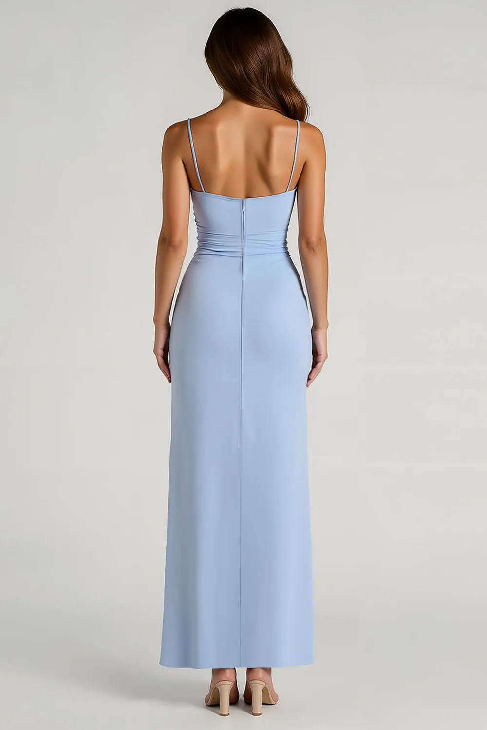 Light Blue Spaghetti Straps Sheath Ruched Long Bridesmaid Dress sold by Zapaka product image thumbnail 2