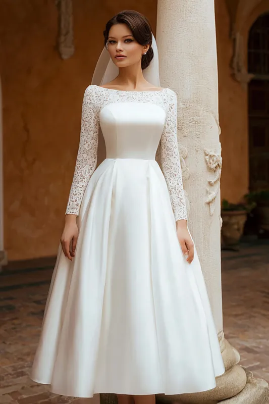 Ivory Long Sleeve A Line Lace Engagement Dress sold by Zapaka