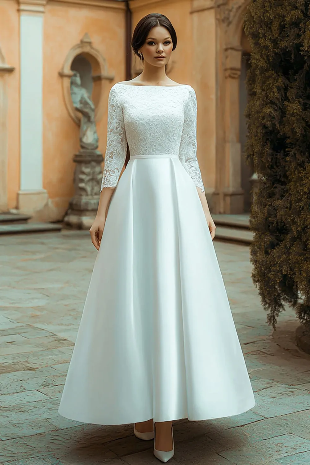 Bateau Neck Ivory A Line Satin Wedding Dress sold by Zapaka
