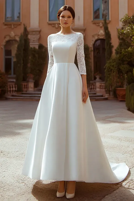 Ivory Bateau Neck A Line Lace Wedding Dress sold by Zapaka