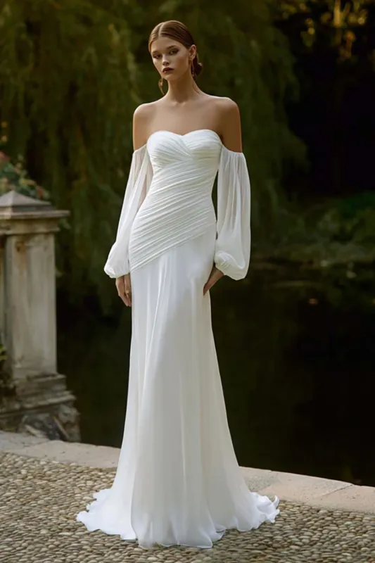 Off The Shoulder Ruched Mermaid Ivory Wedding Dress sold by Zapaka