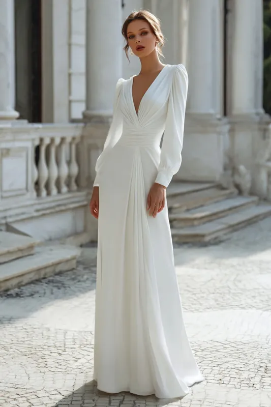 Ivory Long Sleeve Sheath Pleated Wedding Dress sold by Zapaka