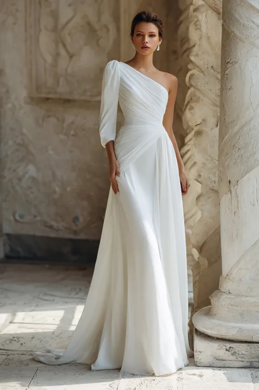 One Shoulder A Line Ruched Ivory Wedding Dress sold by Zapaka