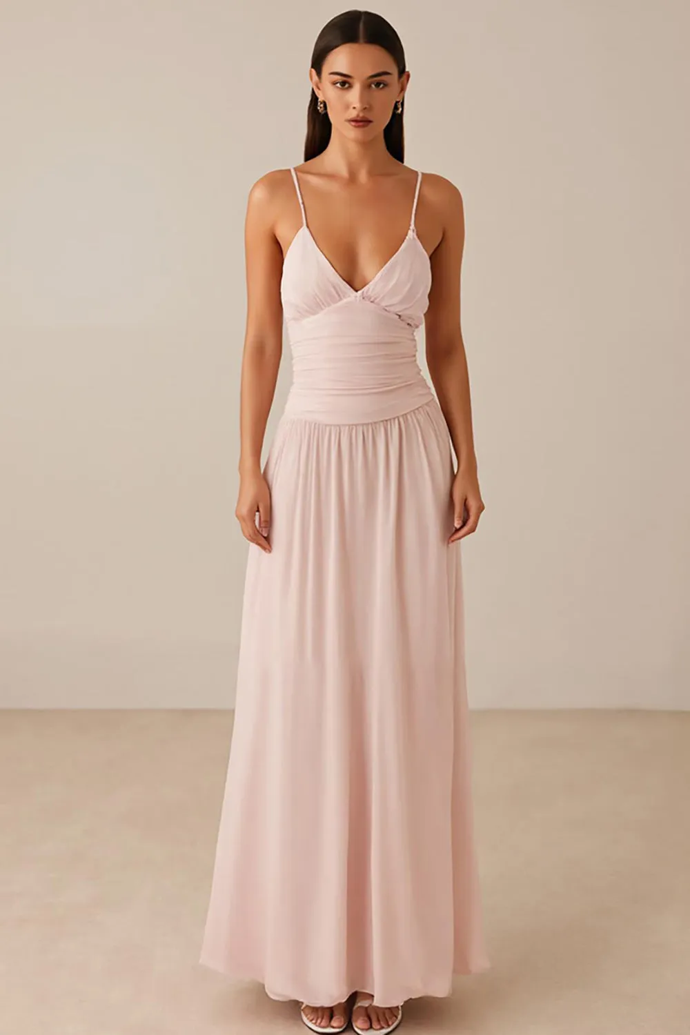 Pink Spaghetti Straps A-Line Chiffon Evening Dress sold by Zapaka