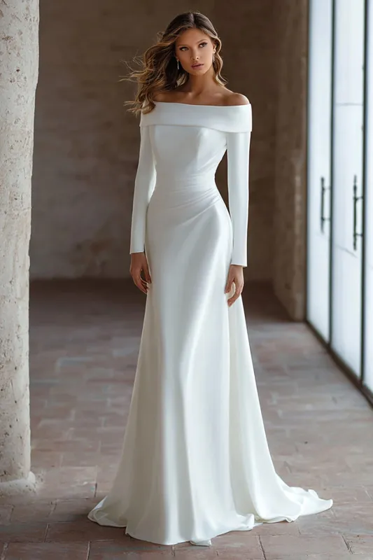 Off The Shoulder Ivory Long Sleeve Wedding Dress sold by Zapaka