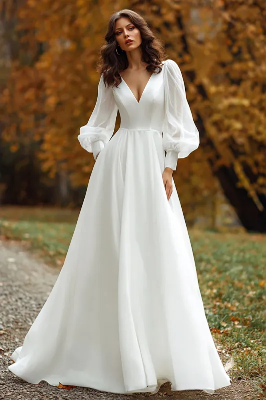 A Line Ivory V-Neck Long Sleeve Wedding Dress sold by Zapaka