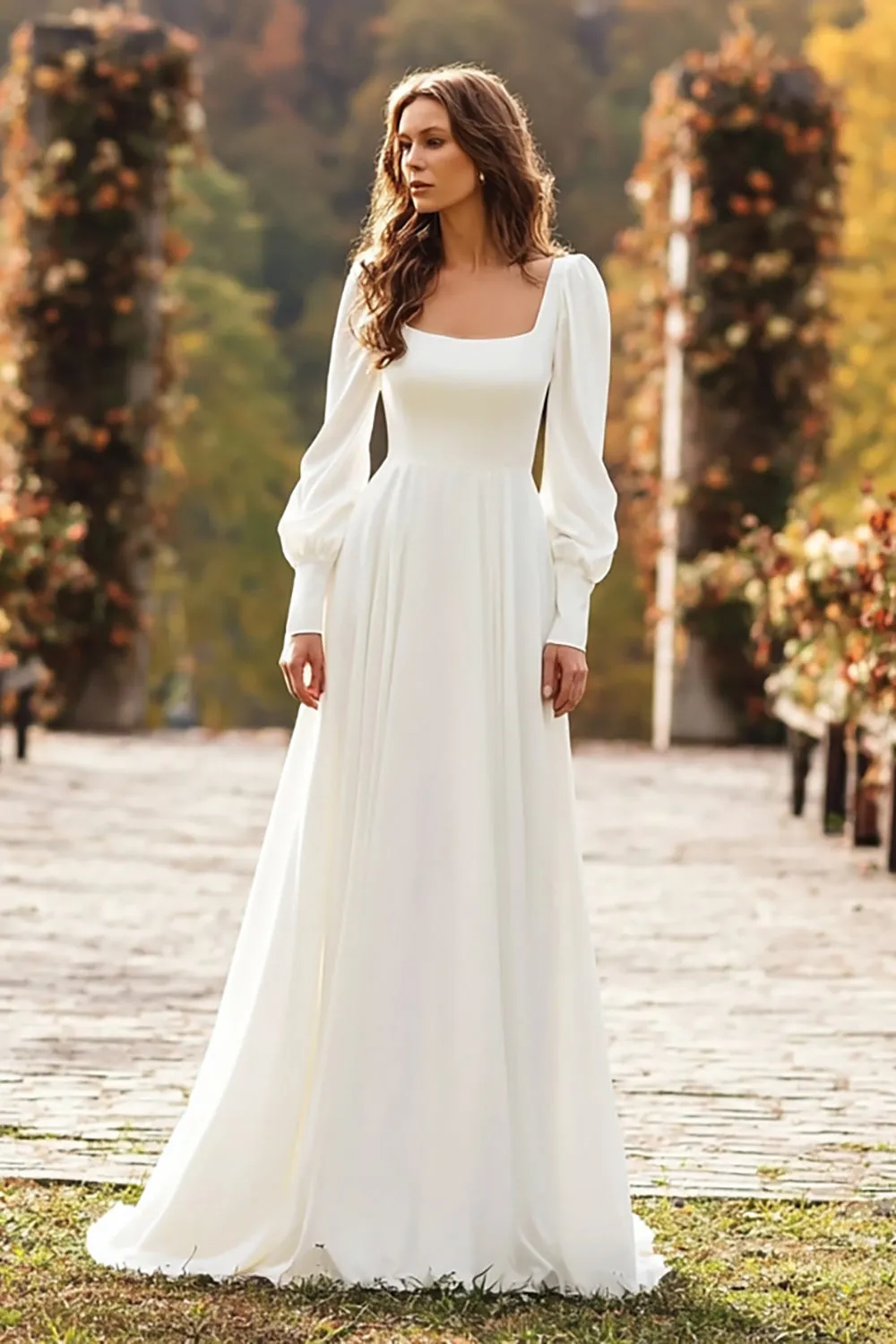 Ivory A Line Square Neck Long Sleeve Wedding Dress sold by Zapaka