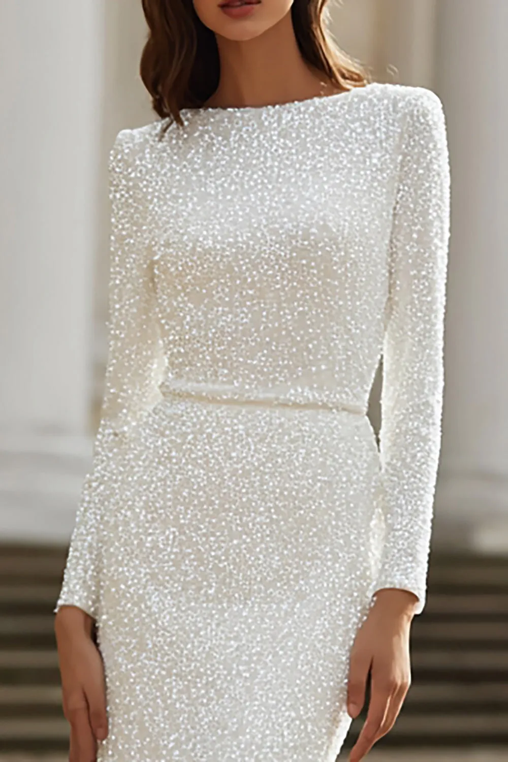 Sparkly Ivory Boat Neck Sheath Long Sleeve Wedding Dress sold by Zapaka product image thumbnail 2