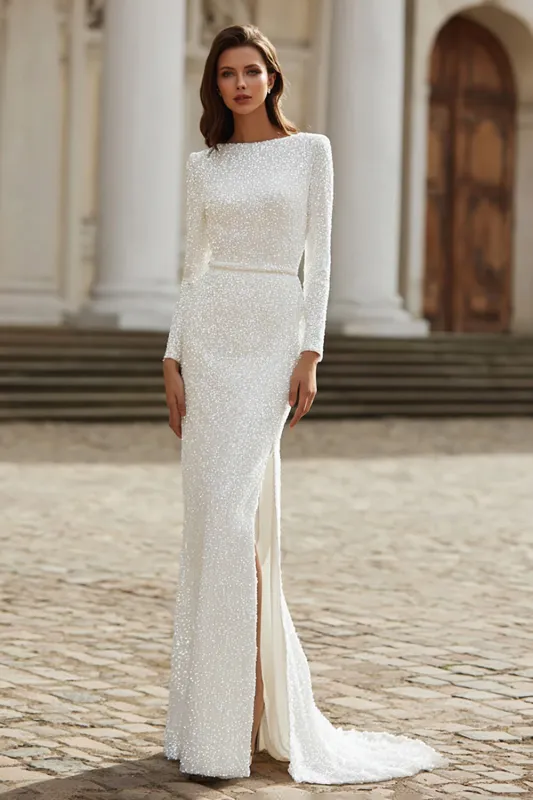 Sparkly Ivory Boat Neck Sheath Long Sleeve Wedding Dress sold by Zapaka