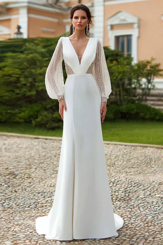 Ivory V-Neck Cut Out Sheath Long Sleeve Wedding Dress sold by Zapaka