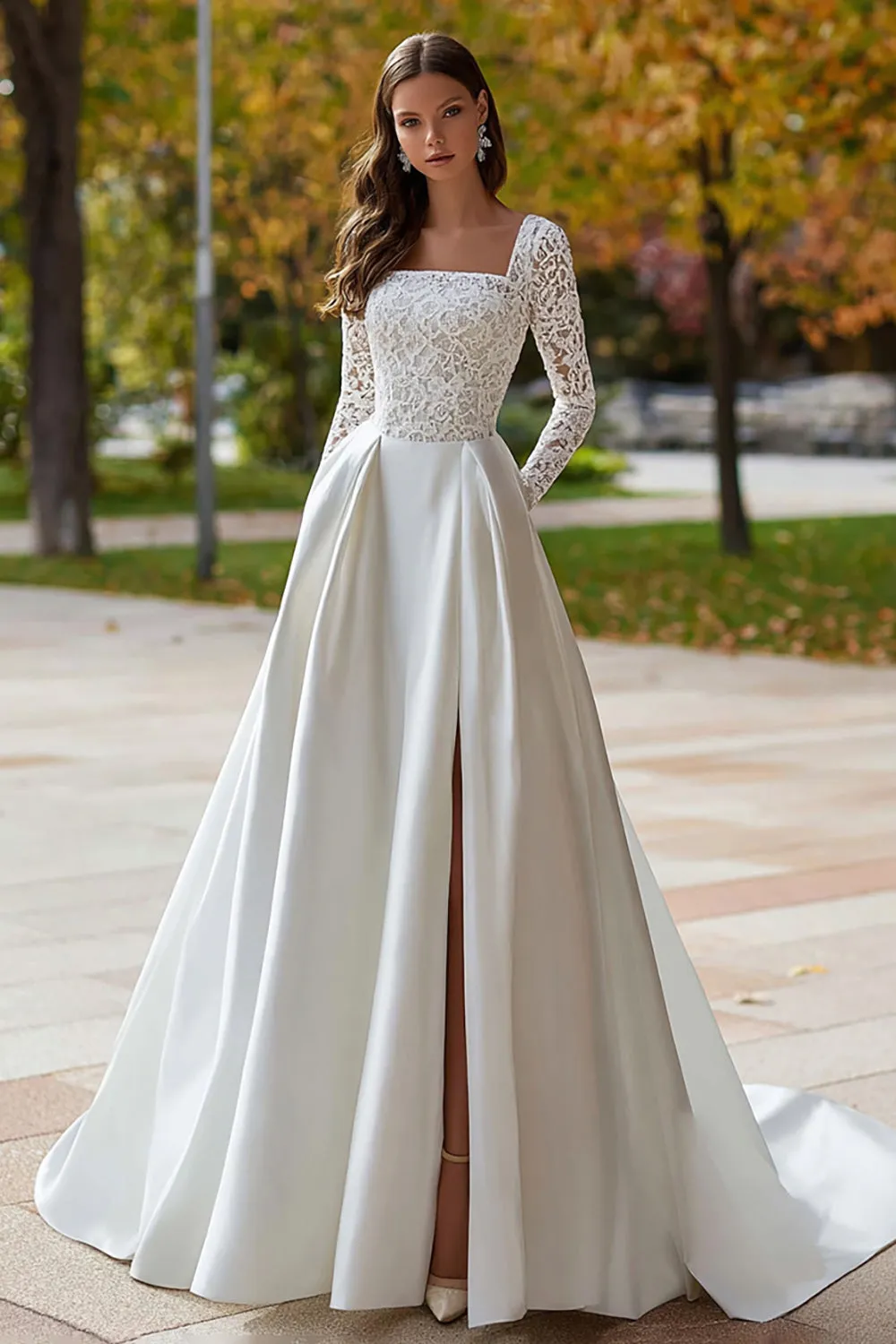 Ivory Square Neck Long Sleeve Satin Wedding Dress with Lace sold by Zapaka