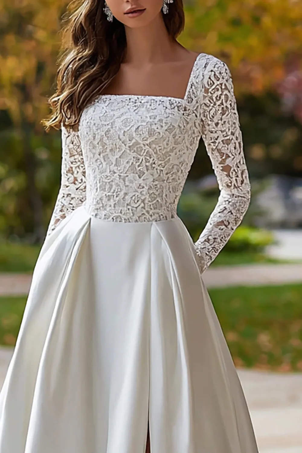 Ivory Square Neck Long Sleeve Satin Wedding Dress with Lace sold by Zapaka product image thumbnail 2