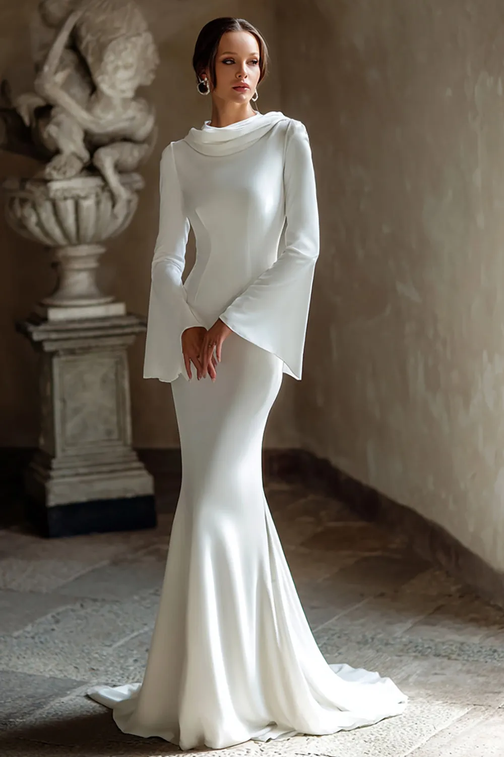 Ivory Mermaid Cowl Neck Long Wedding Dress sold by Zapaka