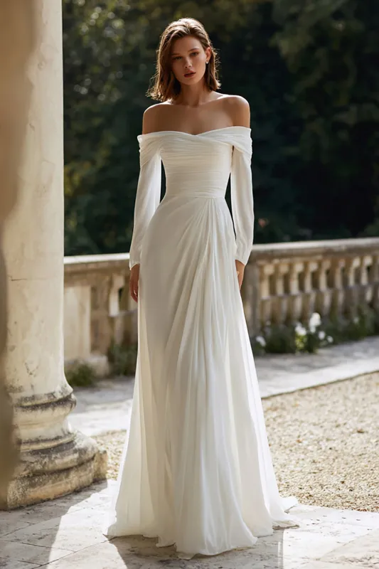 A Line Off The Shoulder Ivory Ruched Wedding Dress sold by Zapaka