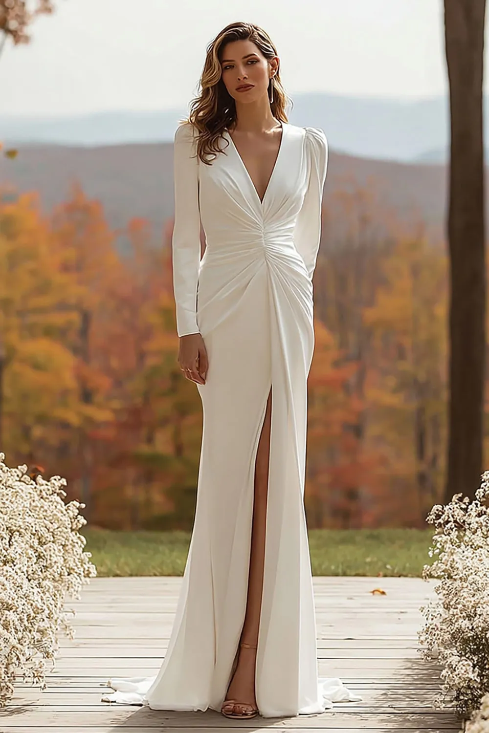 Ivory Ruched Long Sleeve Sheath Wedding Dress sold by Zapaka