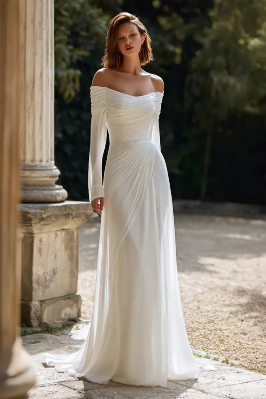 Ivory Ruched Off The Shoulder Sheath Wedding Dress sold by Zapaka