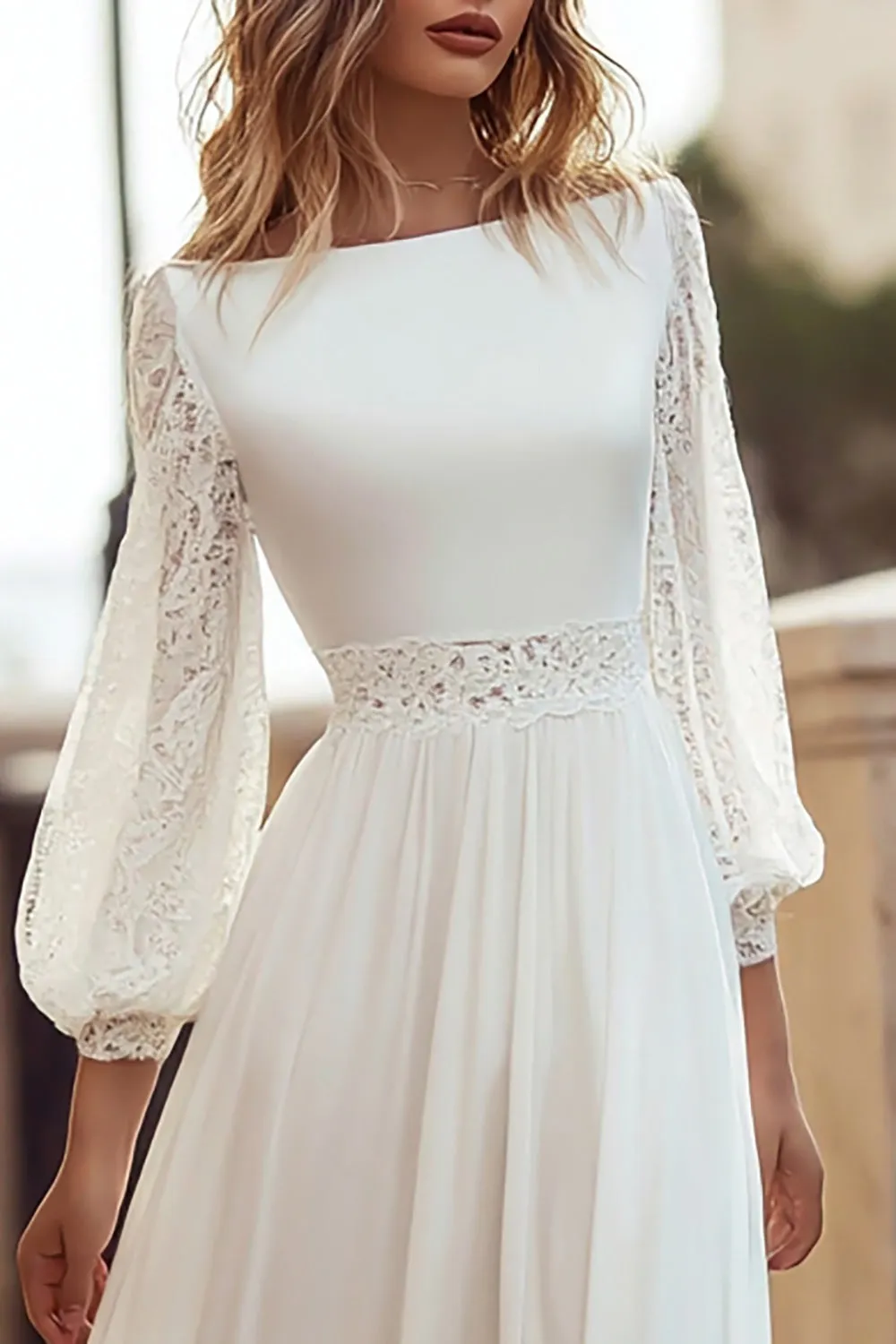 Ivory Long Sleeve A Line Lace Wedding Dress with Slit sold by Zapaka product image thumbnail 2
