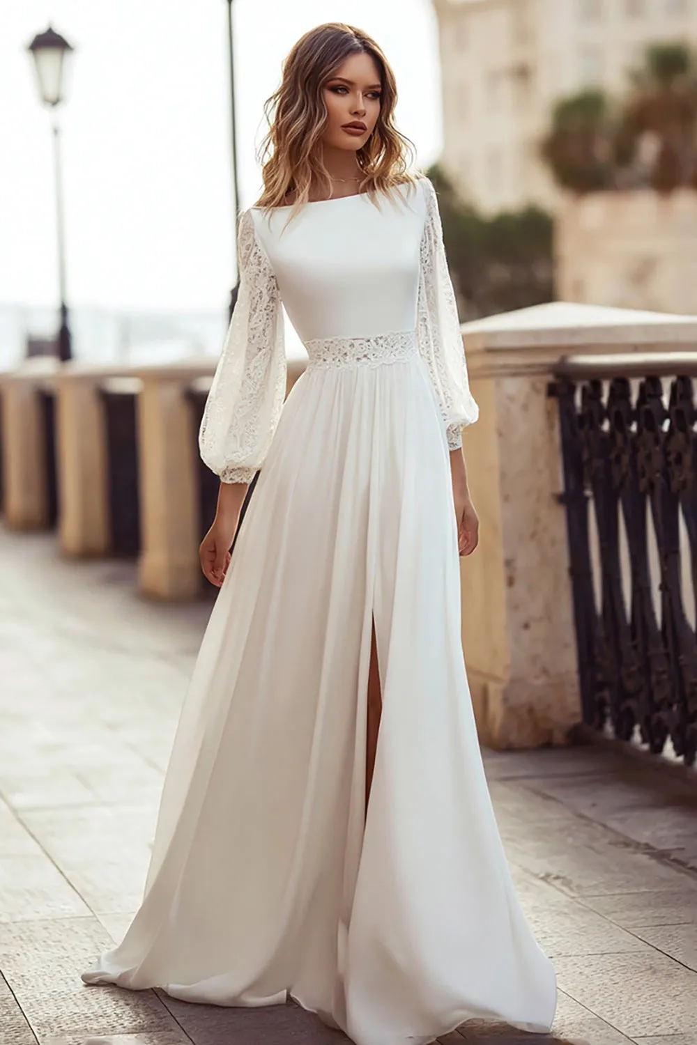 Ivory Long Sleeve A Line Lace Wedding Dress with Slit sold by Zapaka