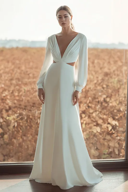 A Line V Neck Ivory Cut Out Wedding Dress with Long Sleeves sold by Zapaka